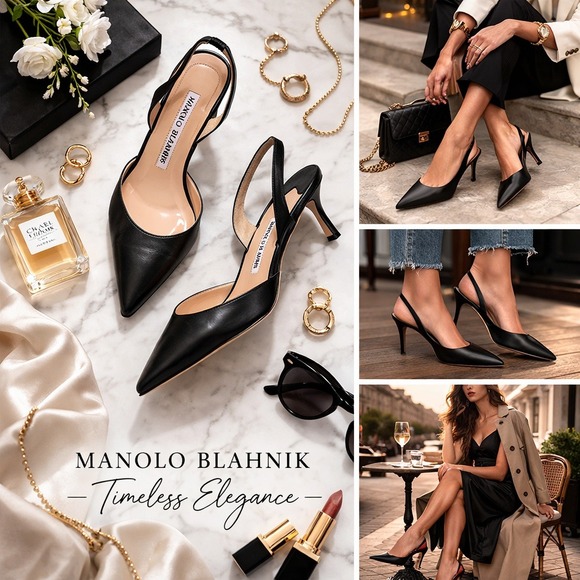 Manolo Blahnik Shoes - Manolo Blahnik Black Leather Slingback Kitten Heel Pumps Size 37 US 6.5–7 Italy